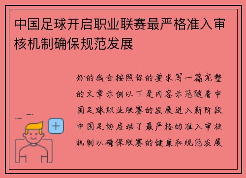 中国足球开启职业联赛最严格准入审核机制确保规范发展